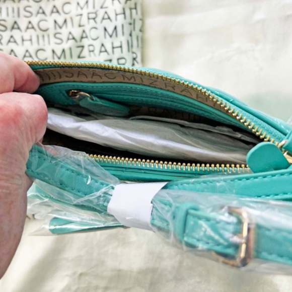 SHOULDER BAG, ISAAC MIZRAHI, SOFT LEATHER, SLIM, QUILTED, TURQUOISE, TOP ZIP - Picture 5 of 8